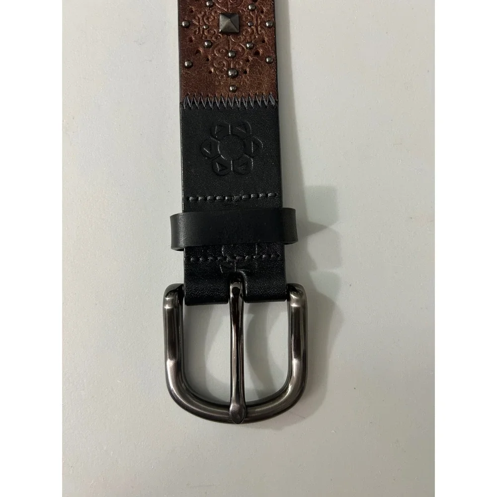 Vintage Fossil Womens Large Brown Leather Patchwork‎ Studded Floral Belt